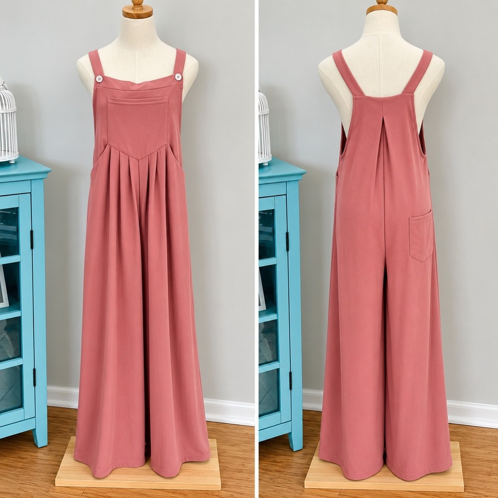 Halara Waffle Knit Wide Leg Overall Jumpsuit Dusty Rose Pink Medium Petite
